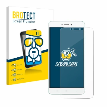 Parte frontal de un envase de producto con el logotipo de la marca BROTECT. Al lado se muestra el dispositivo Xiaomi Redmi 4X 