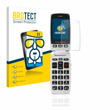 Parte frontal de un envase de producto con el logotipo de la marca BROTECT. Al lado se muestra el dispositivo Doro Primo 413 c