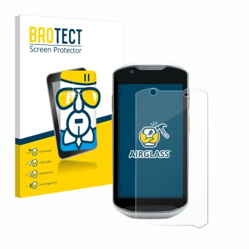 Parte frontal de un envase de producto con el logotipo de la marca BROTECT. Al lado se muestra el dispositivo Zebra TC56 con s