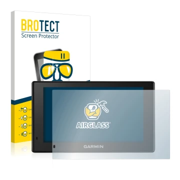 Parte frontal de un envase de producto con el logotipo de la marca BROTECT. Al lado se muestra el dispositivo Garmin DriveSmar