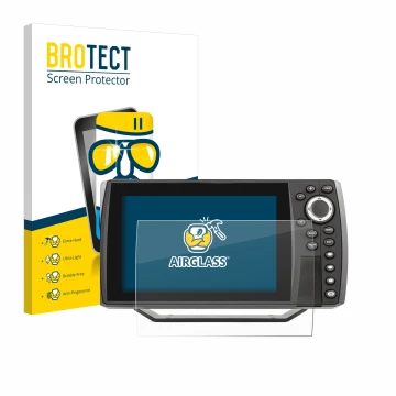 Parte frontal de un envase de producto con el logotipo de la marca BROTECT. Al lado se muestra el dispositivo Humminbird Helix