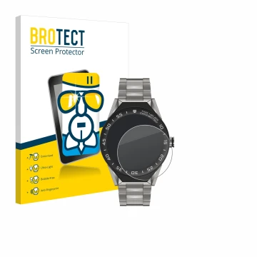 Parte frontal de un envase de producto con el logotipo de la marca BROTECT. Al lado se muestra el dispositivo TAG Heuer Connec