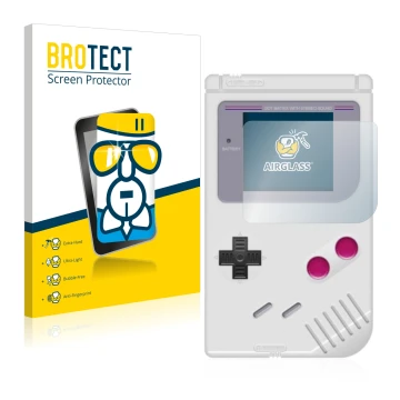Parte frontal de un envase de producto con el logotipo de la marca BROTECT. Al lado se muestra el dispositivo Nintendo Gameboy