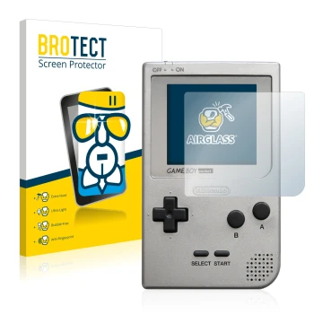 Parte frontal de un envase de producto con el logotipo de la marca BROTECT. Al lado se muestra el dispositivo Nintendo Gameboy