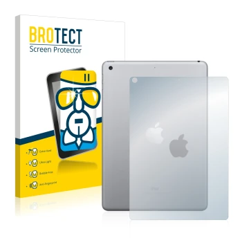 Parte frontal de un envase de producto con el logotipo de la marca BROTECT. Al lado se muestra el dispositivo Apple iPad 9.7