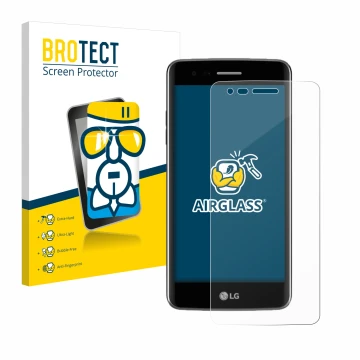 Parte frontal de un envase de producto con el logotipo de la marca BROTECT. Al lado se muestra el dispositivo LG K8 2017 con s