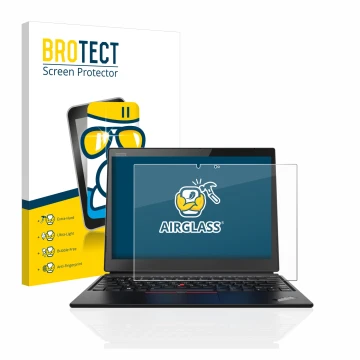 Parte frontal de un envase de producto con el logotipo de la marca BROTECT. Al lado se muestra el dispositivo Lenovo ThinkPad 