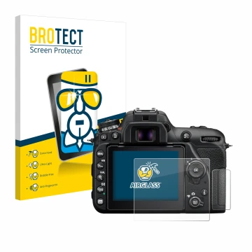 Parte frontal de un envase de producto con el logotipo de la marca BROTECT. Al lado se muestra el dispositivo Nikon D7500 con 