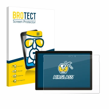 Parte frontal de un envase de producto con el logotipo de la marca BROTECT. Al lado se muestra el dispositivo Microsoft Surfac