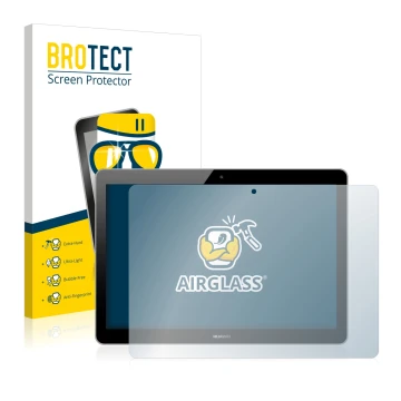 Parte frontal de un envase de producto con el logotipo de la marca BROTECT. Al lado se muestra el dispositivo Huawei MediaPad 