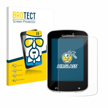 Parte frontal de un envase de producto con el logotipo de la marca BROTECT. Al lado se muestra el dispositivo Garmin Edge Expl