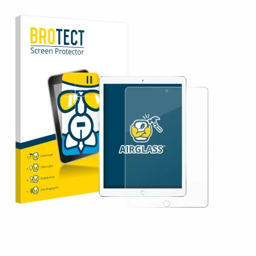 Parte frontal de un envase de producto con el logotipo de la marca BROTECT. Al lado se muestra el dispositivo Apple iPad Pro 1