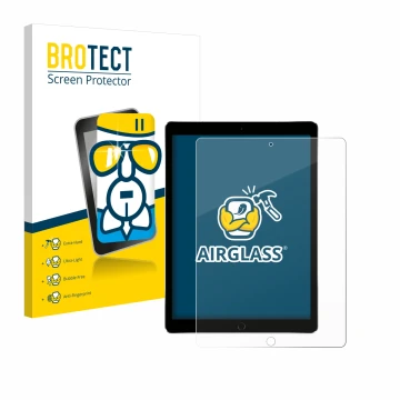Parte frontal de un envase de producto con el logotipo de la marca BROTECT. Al lado se muestra el dispositivo Apple iPad Pro 1