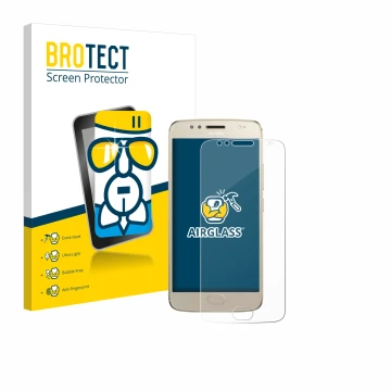Parte frontal de un envase de producto con el logotipo de la marca BROTECT. Al lado se muestra el dispositivo Motorola Moto G5