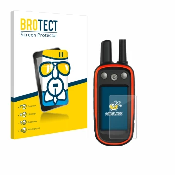 Parte frontal de un envase de producto con el logotipo de la marca BROTECT. Al lado se muestra el dispositivo Garmin Atemos 10