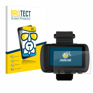 Parte frontal de un envase de producto con el logotipo de la marca BROTECT. Al lado se muestra el dispositivo Garmin Foretrex 