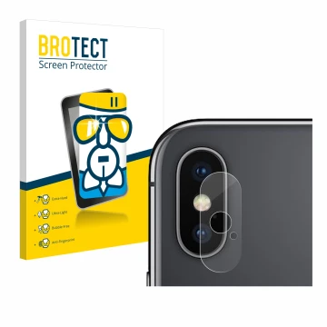 Parte frontal de un envase de producto con el logotipo de la marca BROTECT. Al lado se muestra el dispositivo Apple iPhone X (