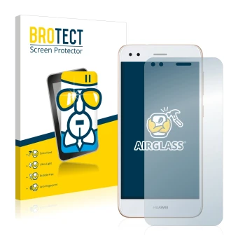 Parte frontal de un envase de producto con el logotipo de la marca BROTECT. Al lado se muestra el dispositivo Huawei P9 Lite M