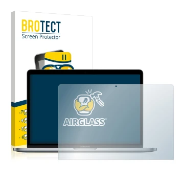 Parte frontal de un envase de producto con el logotipo de la marca BROTECT. Al lado se muestra el dispositivo Apple MacBook Pr
