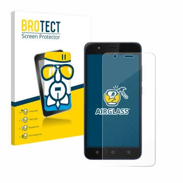 Parte frontal de un envase de producto con el logotipo de la marca BROTECT. Al lado se muestra el dispositivo Gigaset GS270 co