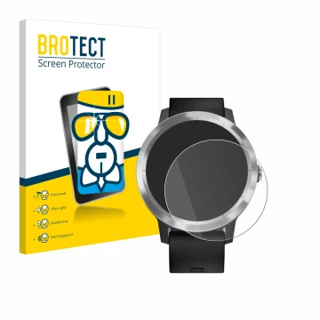 Parte frontal de un envase de producto con el logotipo de la marca BROTECT. Al lado se muestra el dispositivo Garmin vivoactiv