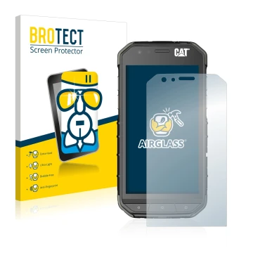 Parte frontal de un envase de producto con el logotipo de la marca BROTECT. Al lado se muestra el dispositivo Caterpillar Cat 