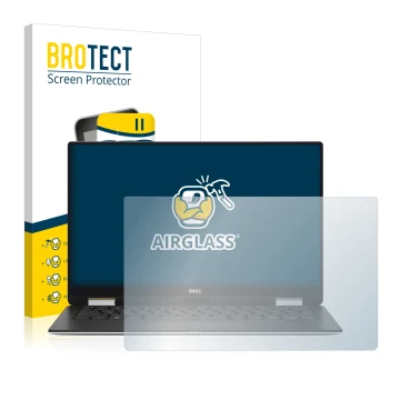 Parte frontal de un envase de producto con el logotipo de la marca BROTECT. Al lado se muestra el dispositivo Dell XPS 13 9365
