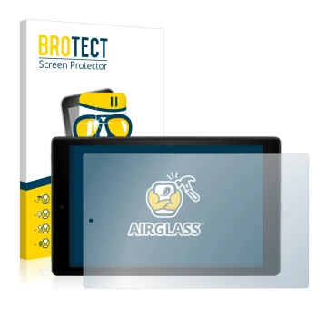 Parte frontal de un envase de producto con el logotipo de la marca BROTECT. Al lado se muestra el dispositivo Amazon Fire HD 1