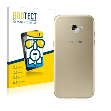 Parte frontal de un envase de producto con el logotipo de la marca BROTECT. Al lado se muestra el dispositivo Samsung Galaxy A
