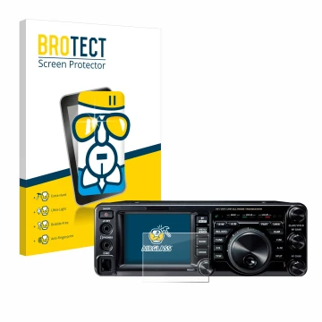 Parte frontal de un envase de producto con el logotipo de la marca BROTECT. Al lado se muestra el dispositivo Yaesu FT-991A co