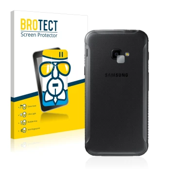 Parte frontal de un envase de producto con el logotipo de la marca BROTECT. Al lado se muestra el dispositivo Samsung Galaxy X