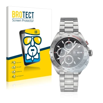 Parte frontal de un envase de producto con el logotipo de la marca BROTECT. Al lado se muestra el dispositivo TAG Heuer Formul