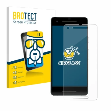 Parte frontal de un envase de producto con el logotipo de la marca BROTECT. Al lado se muestra el dispositivo Google Pixel 2 c