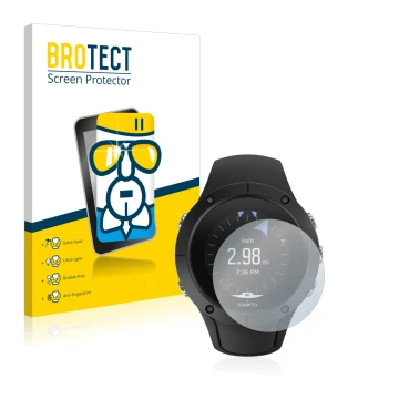 Parte frontal de un envase de producto con el logotipo de la marca BROTECT. Al lado se muestra el dispositivo Suunto Spartan T