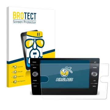 Parte frontal de un envase de producto con el logotipo de la marca BROTECT. Al lado se muestra el dispositivo Volkswagen T-Roc