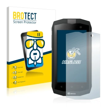 Parte frontal de un envase de producto con el logotipo de la marca BROTECT. Al lado se muestra el dispositivo Crosscall Trekke