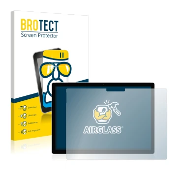 Parte frontal de un envase de producto con el logotipo de la marca BROTECT. Al lado se muestra el dispositivo Microsoft Surfac