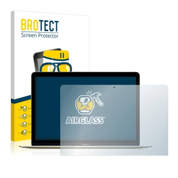 Parte frontal de un envase de producto con el logotipo de la marca BROTECT. Al lado se muestra el dispositivo Apple MacBook Re