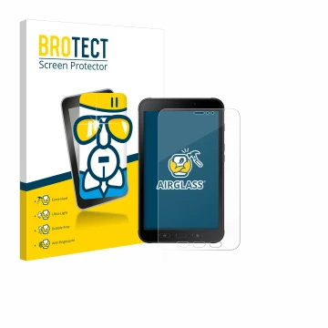 Parte frontal de un envase de producto con el logotipo de la marca BROTECT. Al lado se muestra el dispositivo Samsung Galaxy T