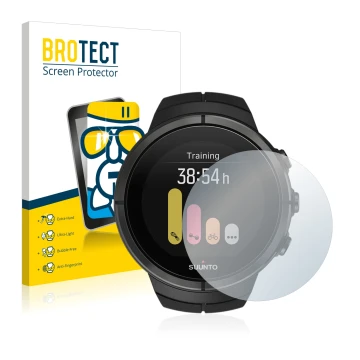 Parte frontal de un envase de producto con el logotipo de la marca BROTECT. Al lado se muestra el dispositivo Suunto Spartan U