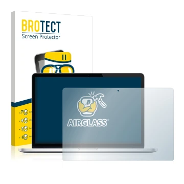 Parte frontal de un envase de producto con el logotipo de la marca BROTECT. Al lado se muestra el dispositivo Apple MacBook Pr
