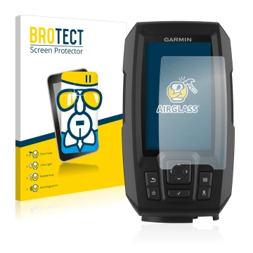 Parte frontal de un envase de producto con el logotipo de la marca BROTECT. Al lado se muestra el dispositivo Garmin Striker P