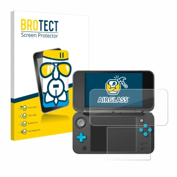 Parte frontal de un envase de producto con el logotipo de la marca BROTECT. Al lado se muestra el dispositivo New Nintendo 2DS