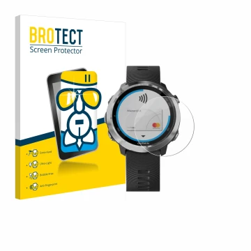 Parte frontal de un envase de producto con el logotipo de la marca BROTECT. Al lado se muestra el dispositivo Garmin Forerunne