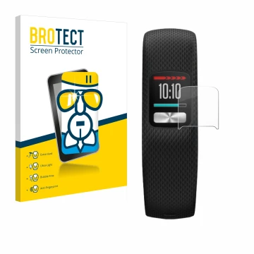 Parte frontal de un envase de producto con el logotipo de la marca BROTECT. Al lado se muestra el dispositivo Garmin Vivofit 4