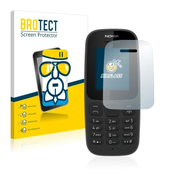 Parte frontal de un envase de producto con el logotipo de la marca BROTECT. Al lado se muestra el dispositivo Nokia 105 2017 c