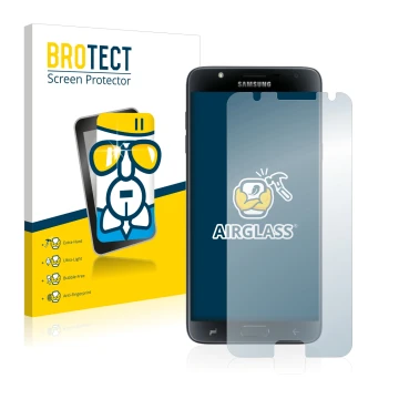 Parte frontal de un envase de producto con el logotipo de la marca BROTECT. Al lado se muestra el dispositivo Samsung Galaxy J