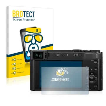 Parte frontal de un envase de producto con el logotipo de la marca BROTECT. Al lado se muestra el dispositivo Panasonic Lumix 