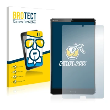 Parte frontal de un envase de producto con el logotipo de la marca BROTECT. Al lado se muestra el dispositivo Huawei MediaPad 