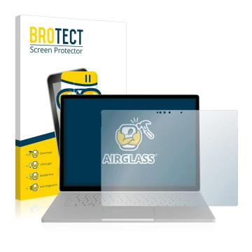 Parte frontal de un envase de producto con el logotipo de la marca BROTECT. Al lado se muestra el dispositivo Microsoft Surfac